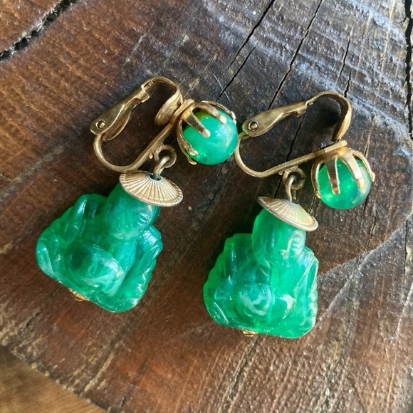 Vintage Hong Kong Signed Buddha Earrings Clip-On Dangles - Picture 4 of 10